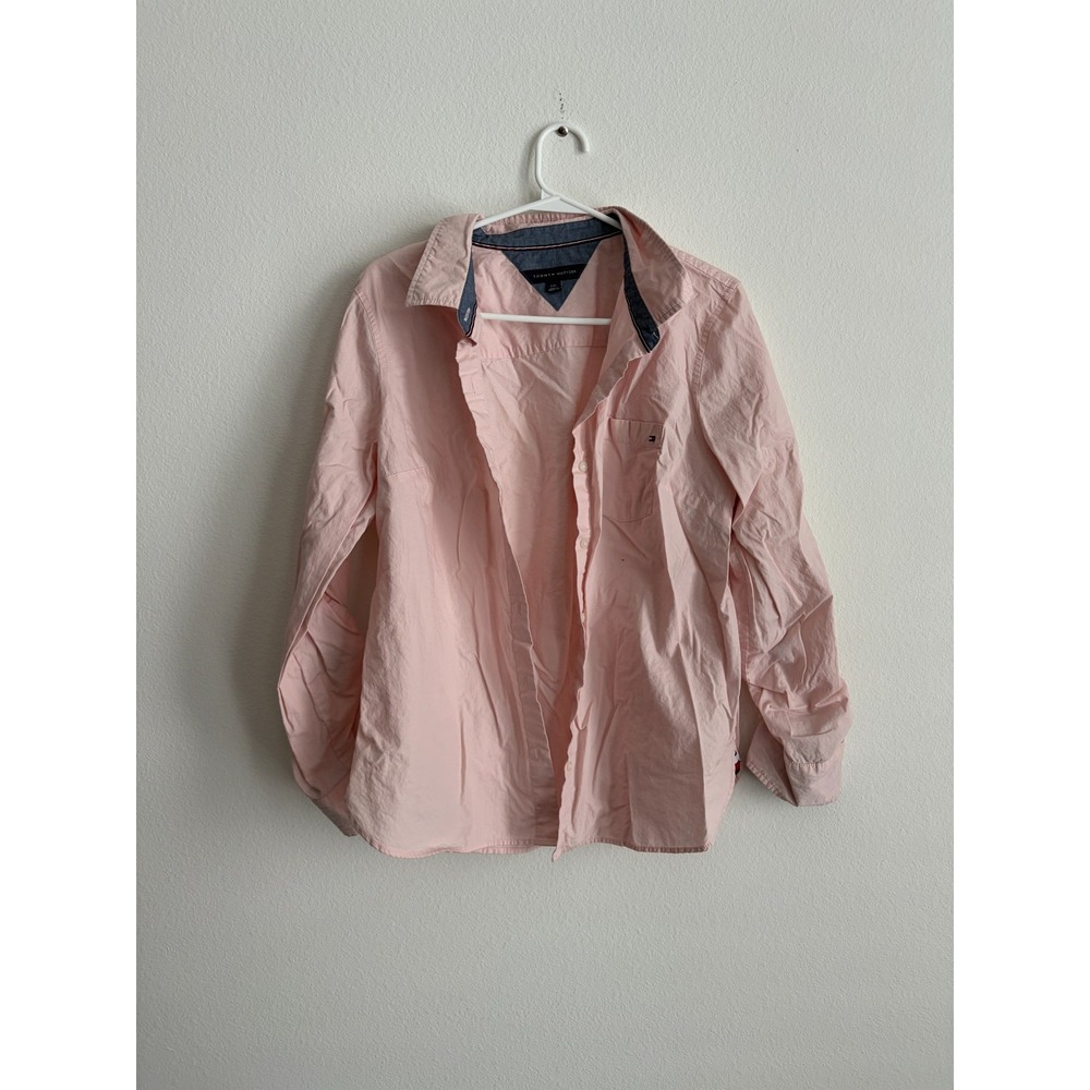 Tommy Hilfiger Shirt Women Large Light Pink Roll Tab Sleeve Curved Hem Button Up